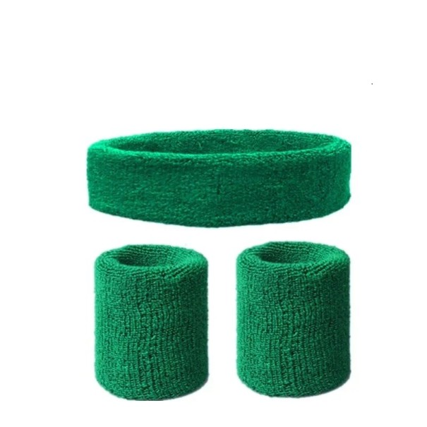 Set di fascia sportiva e due polsini in cotone colorato Materiale assorbente per sport, corsa, ciclismo e giochi di squadra verde