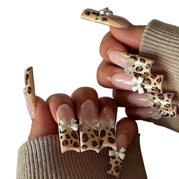 Set di lusso 24 pz di unghie acriliche lunghe quadrate con manicure francese Leopard Ombre Fiocchi 3D carini Colla Lima 1