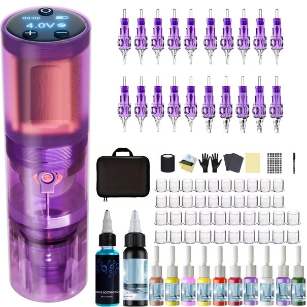 Set di macchinette per tatuaggi senza fili 12 x 3,3 cm Display LED 8V 11000 giri/min 1500 mAh Lunghezza corsa 4,2 mm Set professionale Custodia 1