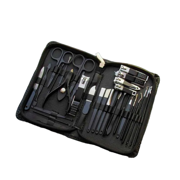 Set di manicure e pedicure in acciaio inossidabile Strumenti multifunzionali per unghie delle mani e dei piedi Set di forbici per manicure, lima, cucchiaino per orecchie, tronchesini, pinzetta Set di strumenti in astuccio di pelle 30 pz nero