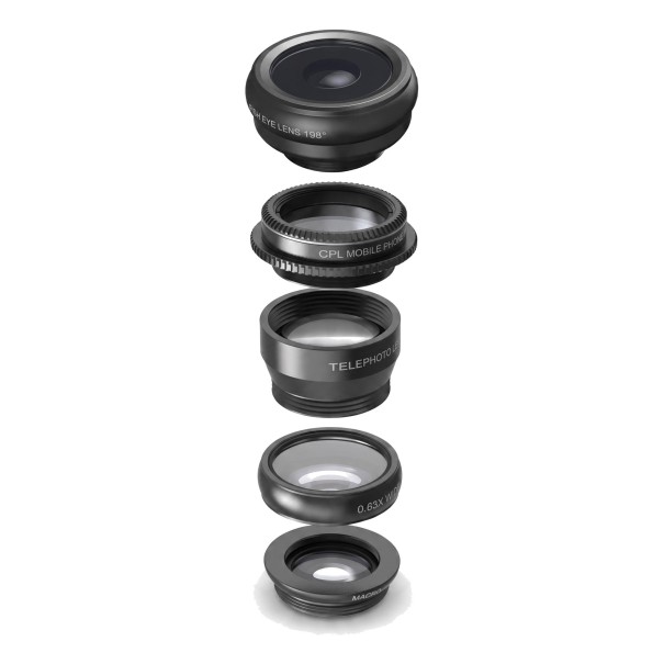 Set di obiettivi per smartphone 5 in 1 Fish Eye 198° Grandangolare 0,63x Macro 15x Teleobiettivo 2x e filtro CPL con clip Nero per iOS e Android 1