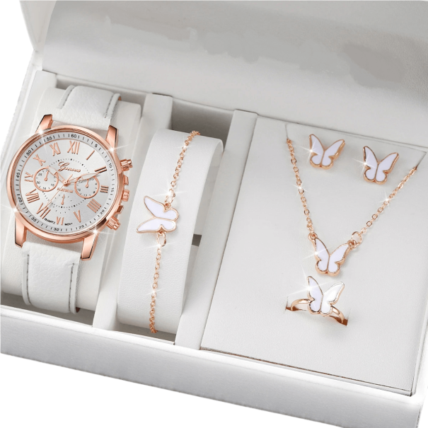 Set di orologi e gioielli da donna Collana elegante bracciale orecchini anello con farfalla Regalo di lusso per donne Scatola regalo bianco