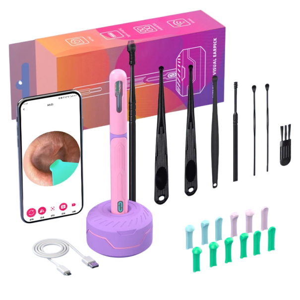 Set di strumenti per la pulizia delle orecchie con telecamera WiFi HD Endoscopio ispezione giroscopio a 6 assi Obiettivo rotante Beccucci intercambiabili Illuminazione LED rosa