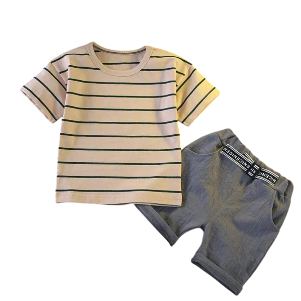 Set estivo per bambini Maglietta a righe beige con maniche corte e pantaloni corti grigi Collo a O Completo comodo 7