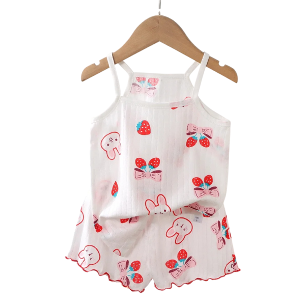 Set estivo per ragazze Canotta con spalline sottili e pantaloni corti Scollo a O Completo bianco con stampa di coniglietti e fiocchetti 5