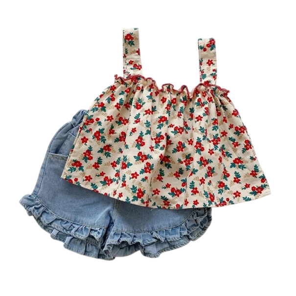 Set estivo per ragazze con canotta floreale a spalline larghe e pantaloni blu arricciati con scollatura a O Completino comodo 6