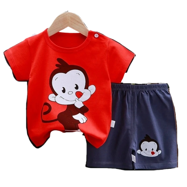 Set estivo unisex per bambini Maglietta in cotone a maniche corte Maglietta rossa con stampa di scimmia Pantaloni corti blu Abbigliamento 6-9 mesi