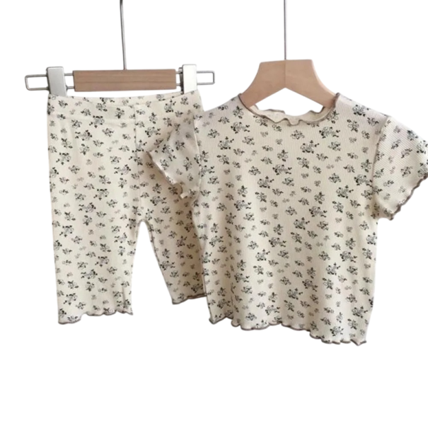 Set floral pentru fete, tricou cu mânecă scurtă și pantaloni cu elastic, decolteu rotund, set de vară din bumbac și poliester bej 4