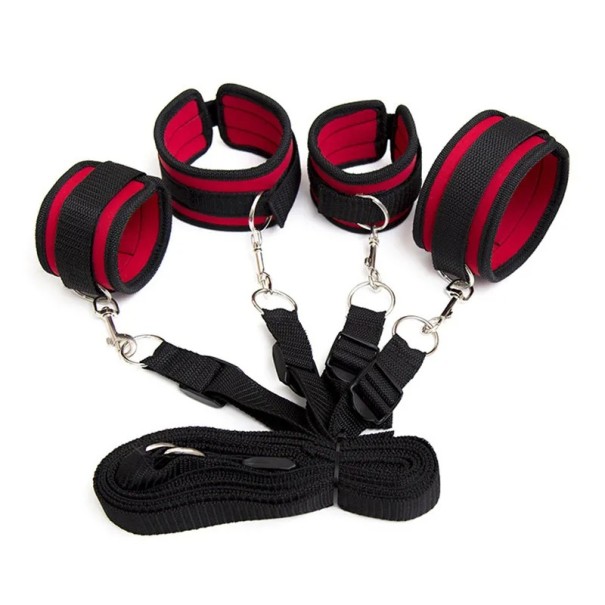 Set handboeien en banden voor BDSM-spel om aan het bed vast te maken, verstelbare maat, discrete verpakking voor comfort en privacy rood