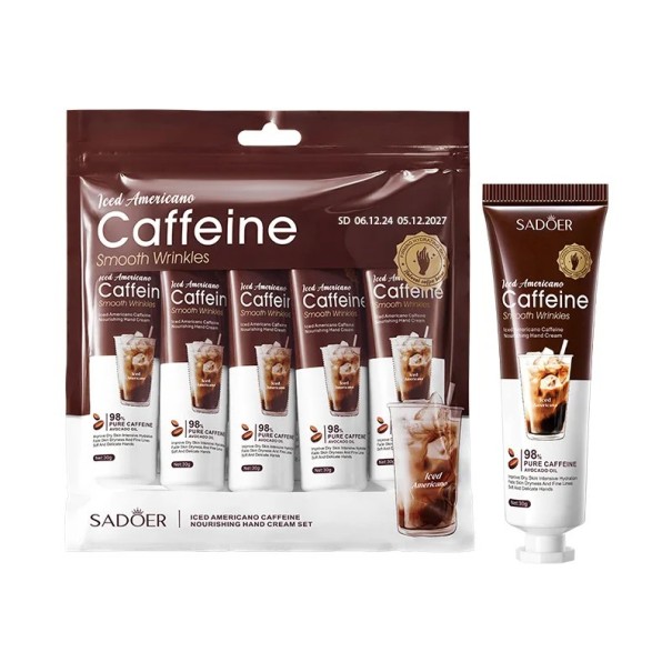 Set handcrèmes 5 stuks 30 g Hydraterende crèmes met cafeïne 98 % Fijne structuur Lichte koffiegeur Zorg voor de herfst en winter 1