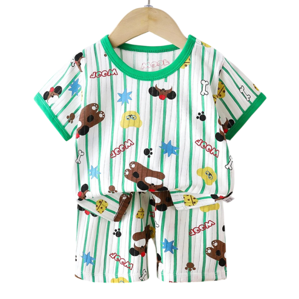 Σετ καλοκαιρινών ρούχων για παιδιά Unisex Τ-shirt με κοντά μανίκια και κουμπιά Στρογγυλή λαιμόκοψη Λευκό με πράσινες ρίγες Εκτύπωση ζώων 3-6 μηνών