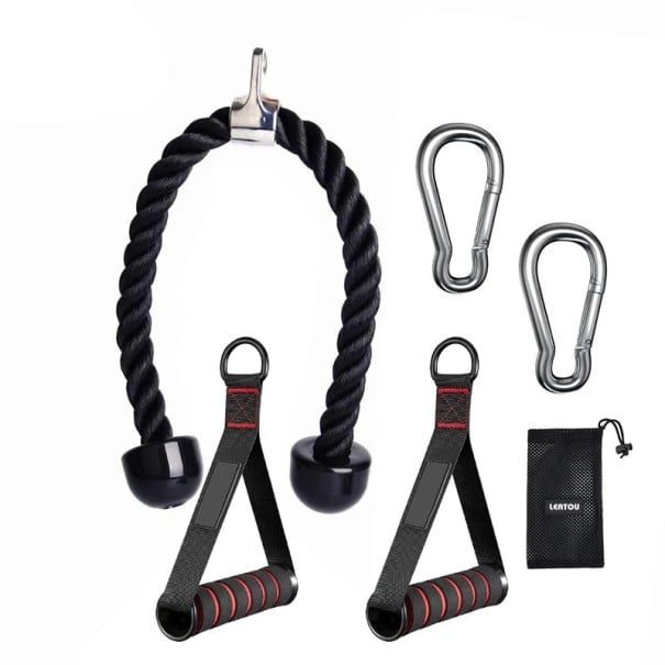 Set kladkových nástavců: lano na triceps 70 cm, 2x madla s pěnovou rukojetí, 2x karabiny a sáček pro silový a kondiční trénink 1