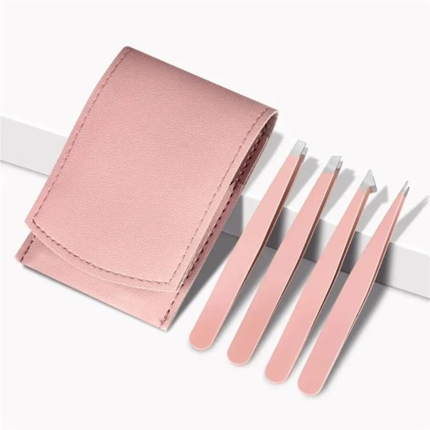Set kosmetischer Pinzetten 4 Stück Mit schrägen und spitzen Spitzen Länge 9,5 cm Edelstahl Etui 10,2 x 7,3 cm Für Augenbrauen und einzelne Härchen rosa