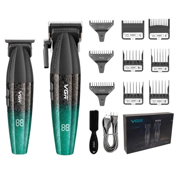 Set mașină de tuns părul și trimmer pentru bărbie Reîncărcabil Autonomie de până la 250 de minute 9 piepteni de ghidare 1–12 mm Ecran digital verde