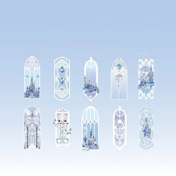 Set med 10 bokmärken 12 x 5 x 0,1 cm Transparenta PVC-bokmärken med subtil dekoration Elegantiskt läsartillbehör blå