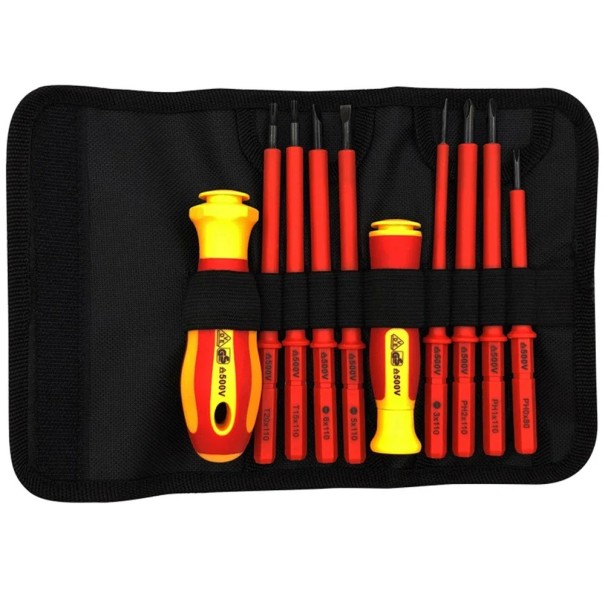 Set med 10 isolerade skruvmejslar 500V för elektriker - platt-, kryss- och Torx-huvuden inklusive ergonomiska handtag och fodral 1