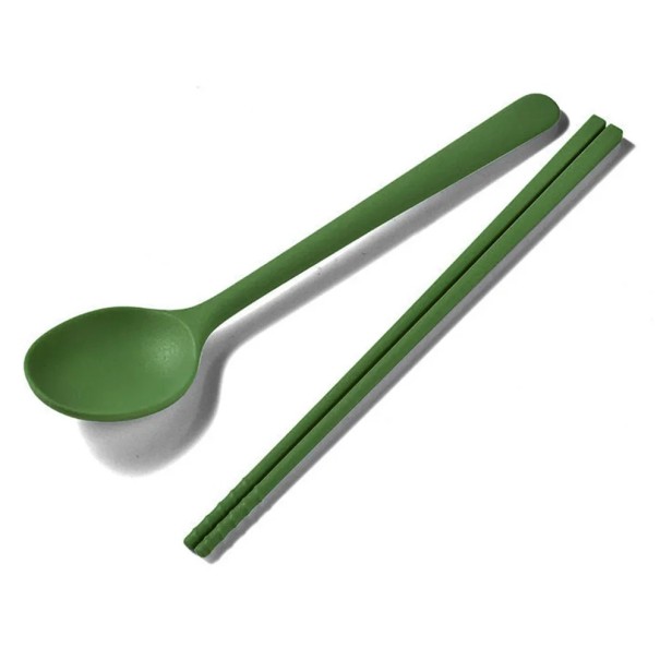 Set med 2 silikonbestick sked och pinnar Mjuka köksbestick för vardagligt ätande resor och hemmet grön