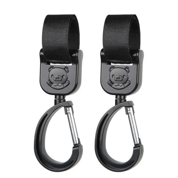 Set med 2 vridbara barnvagnskrokar 15 cm Universella väskhållare 360° rotation Kardborreknäppning svart