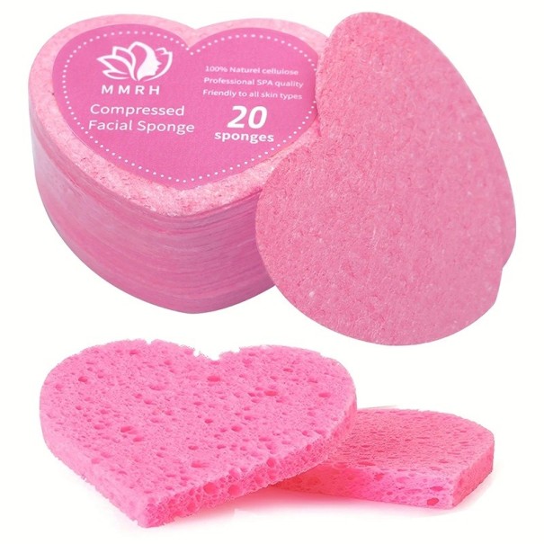 Set med 20 naturliga hjärtformade ansiktssvampar, pressade rengöringspads, exfolierande och återanvändbara hudvårdsverktyg rosa