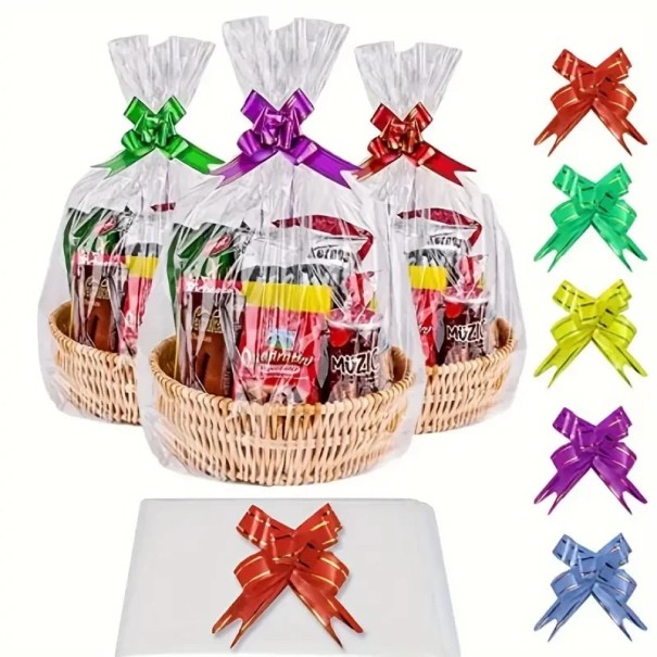 Set med 20 st transparenta cellofanfolier 60×90 cm med färgad rosett för inslagning av presenter och korgar 1