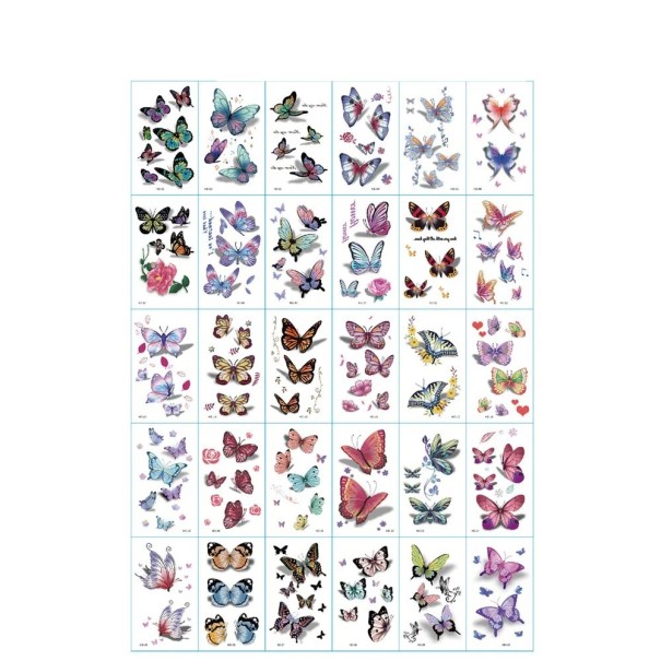 Set med 30 st tillfälliga tatueringar 5,7 x 9,7 cm färgglada motiv av fjärilar för kroppssmyckning vid fester, festivaler och fritid 1