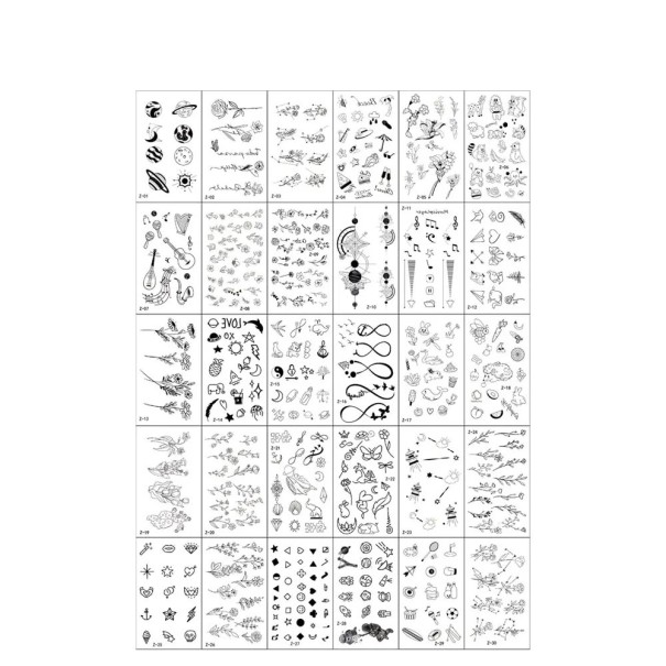 Set med 30 temporära tatueringar 5,7 x 9,7 cm blommor djur symboler planeter musikmotiv och andra mönster för kropp och ansikte 1