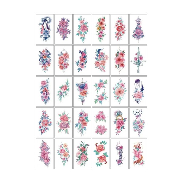 Set med 30 tillfälliga tatueringar 5,7 x 9,7 cm Blommotiv Svartvita och färgade Vattentåliga klistertatueringar för kroppen färgglad