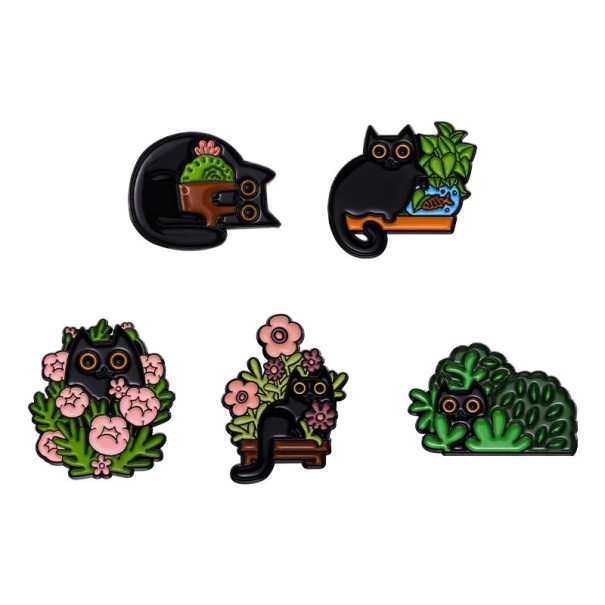 Set med 5 st kattbroscher ca 2,5 x 3 cm flerfärgad djurmotiv med blommor för kläder ryggsäck accessoar smycke 1