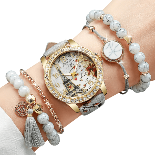Set med damklockor med läderband, Eiffeltornets motiv, 4 armband, grå färg, Elegant accessoar, Present för kvinnor 1