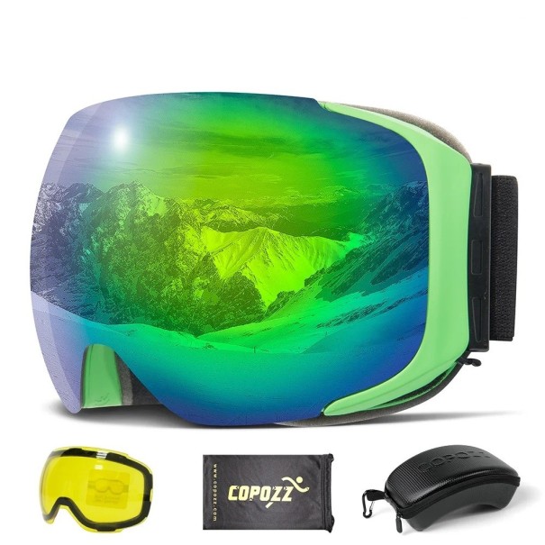 Set med skidglasögon, utbytbar gul lins, tygskydd och skyddsglasögonfodral Speglade skid- och snowboardglasögon med UV400-filter 23 x 9,5 cm grön
