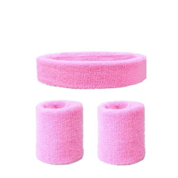 Set med sportpannband och två svettband Färgglad bomullsdesign Absorberande material för sport, löpning, cykling och bollspel rosa