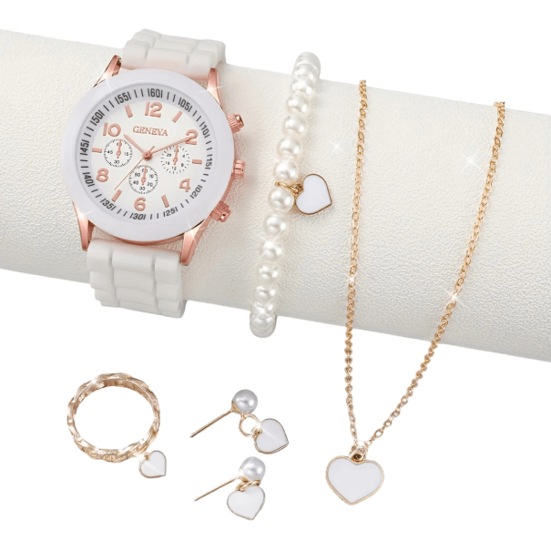 Set med vita damklockor, silikonband, vita smycken, pärlor, hjärtmotiv, armband, örhängen, kedja, ring, elegant present