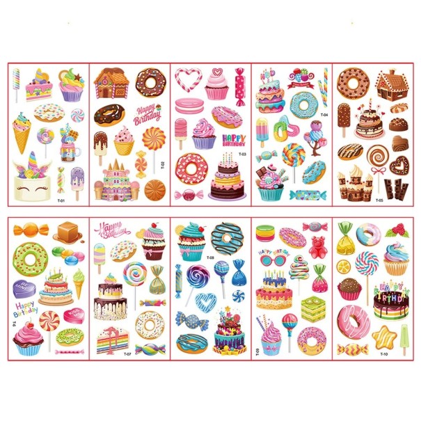 Set mit 10 Bögen temporärer Tattoos 12 x 7 cm Torten Süßigkeiten Naschereien Kinder Tattoos Hautaufkleber mit Geburtstagsmotiven 1