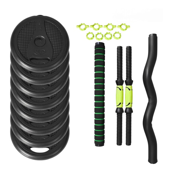 Set mit 10 kg Hanteln, einschließlich Kurzhanteln und Langhantel mit gerader und gebogener Verbindungsstange, Gewichte 1,25 kg, schwarz-grün 1