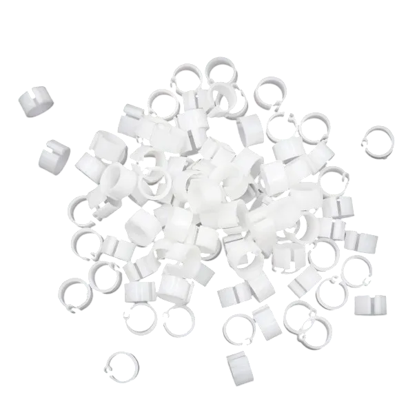Set mit 100 Stück bunten 8 mm großen Vogelbeinringen. Kunststoffclips zum Beringen von Tauben, Papageien und Geflügel weiß
