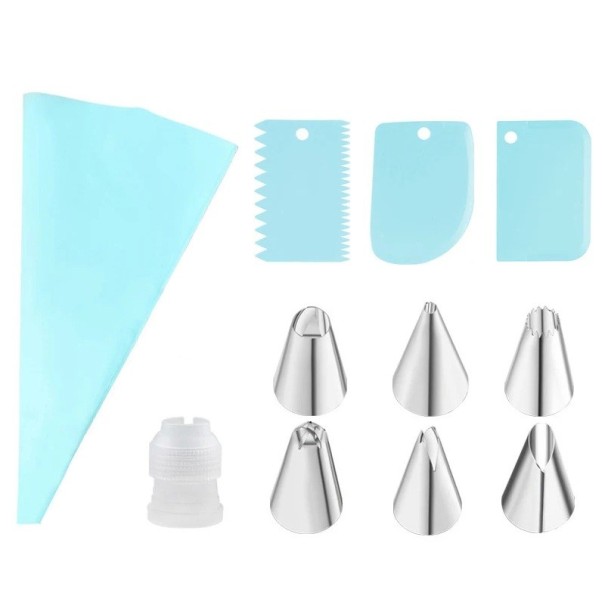 Set mit 11 Backwerkzeugen zum Dekorieren von Torten Spitzen Spritzbeutel Spachtel Verbindungselemente Backzubehör für den Haus- und Profieinsatz blau
