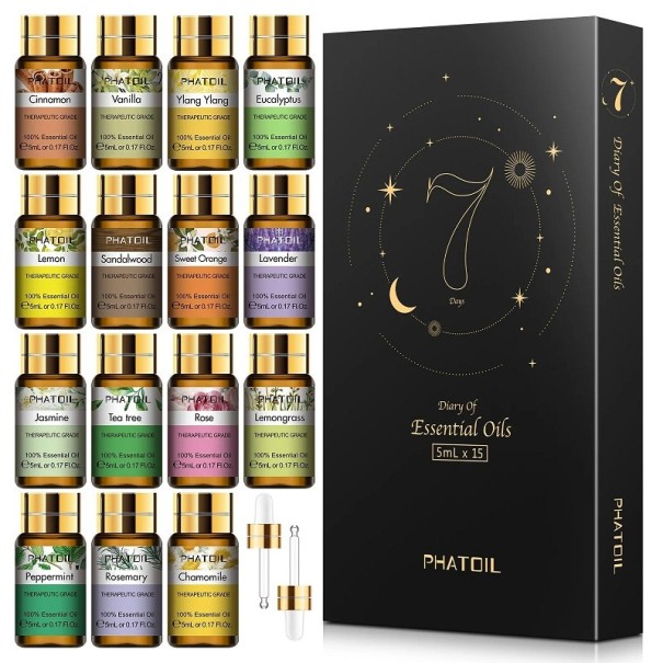 Set mit 15 ätherischen Ölen mit Tropfer. Ätherische Öle für Diffusor, Massage oder Bad. Geschenkset mit natürlichen Aromaölen, 5 ml 1