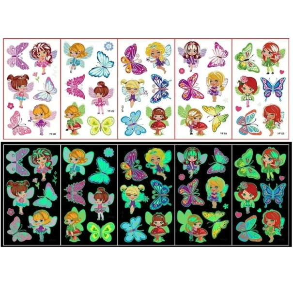 Set mit 5 Bögen leuchtender temporärer Tattoos Meerjungfrau farbige Tattoo-Aufkleber für Kinder mit Tages- und Nachteffekt 1