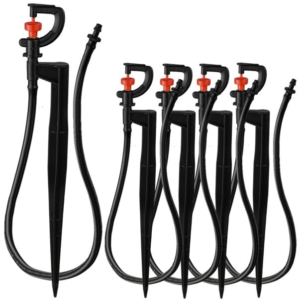 Set mit 5 Stück 360° Gartenbewässerungsdüsen mit 50 cm Schlauch und 1/4" Anschluss für Tropfbewässerung mit einstellbarem Durchfluss