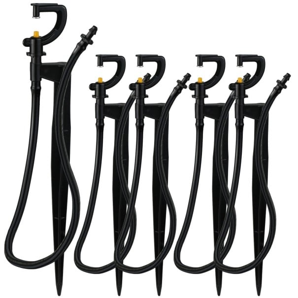 Set mit 5 Stück 360° Gartenbewässerungsdüsen mit 50 cm Schlauch und 1/4" Anschluss für Tropfbewässerung