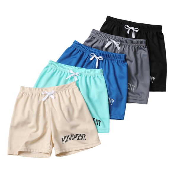 Set mit 5 Stück Kinder Jungen Sportshorts aus schnell trocknendem Netzmaterial mit Aufdruck und verstellbarem Kordelzug zum Spielen und Sport 3