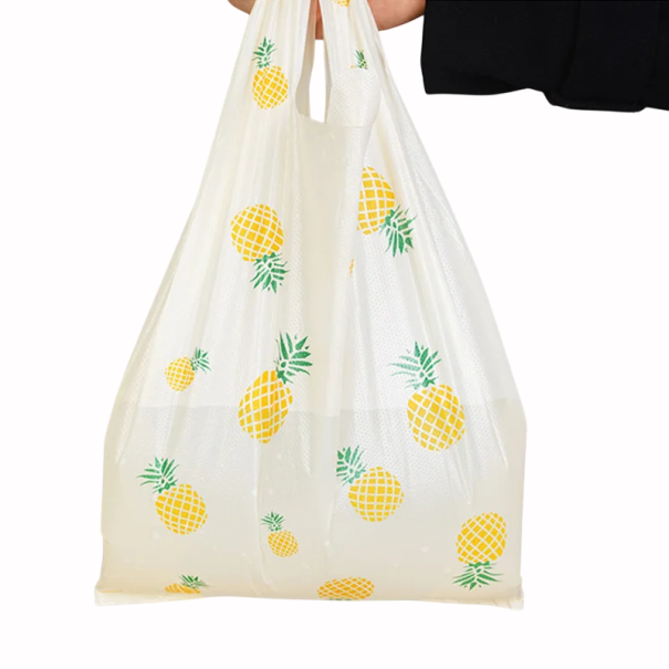 Set mit 50 Stück Plastiktüten 36×20 cm bedruckte Tüten mit Ananas-Motiv gelb zum Verpacken von Geschenken und Kleinigkeiten 1