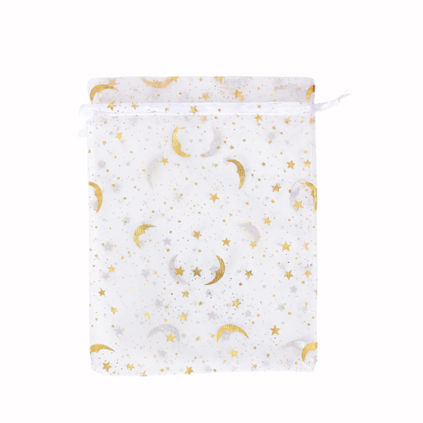 Set mit 50 Stück Zugbeutel aus Organza 7×9 cm, transparentes Weiß mit goldenen Sternen und Monden, Zugband, für Geschenke