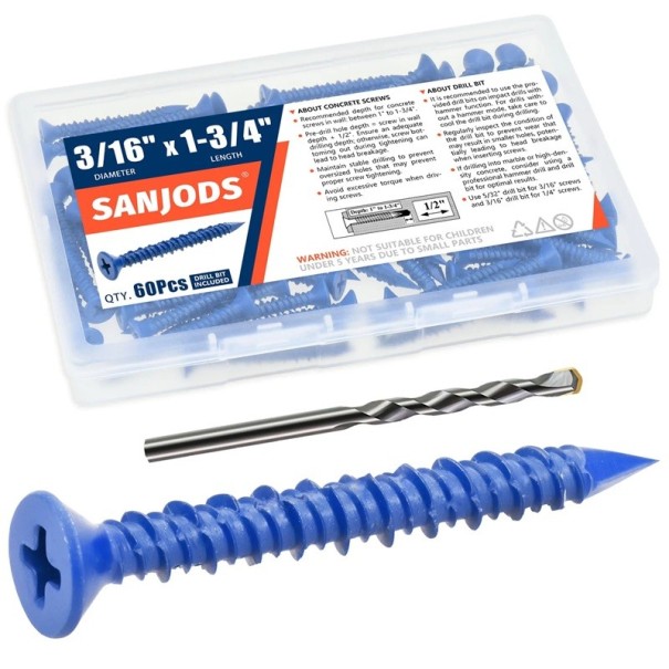 Set mit 60 Stück Betonschrauben 3/16" x 4,5 cm rostfreier Stahl blaue Flachschrauben für Mauerwerk Ziegel Beton mit Bohrer