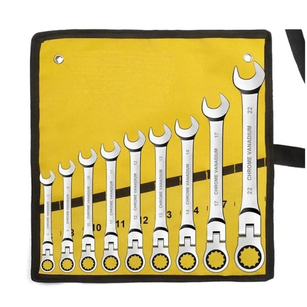 Set mit 9 kombinierten Ratschen-Schlüsseln mit verstellbarem Kopf in den Größen 6 8 10 11 12 13 14 17 und 22 mm in einer gelben Tasche für Maschinenservice