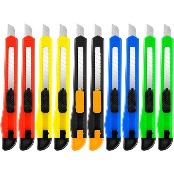 Set of 10 Coloured Retractable Knives 9 mm Plastic Body Self-Locking Slider Office and Cutting Knives 5 Colours Universal Use 1