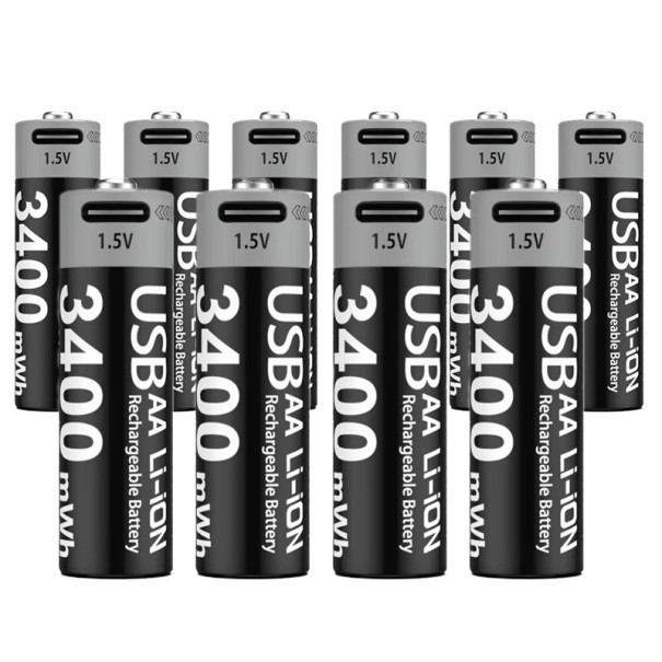 Set of 10 Rechargeable AA Batteries 3400mWh Lithium-ion 14.5x50.5 mm USB-C Charging Eco-friendly Replacement Easy to Use Long Lifespan 1
