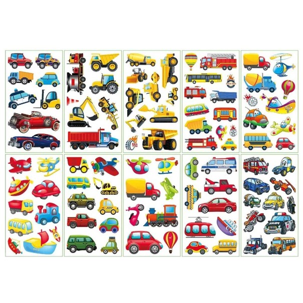 Set of 10 Sheets of Temporary Tattoos with Cars, Construction Machines, Aeroplanes, Boats and Transport Vehicles Body Stickers for Children 1