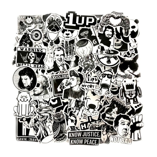Set of 100 black and white PVC stickers for decorating items Animal and character designs English phrases Die-cut to shape Size 5 to 7 cm 1