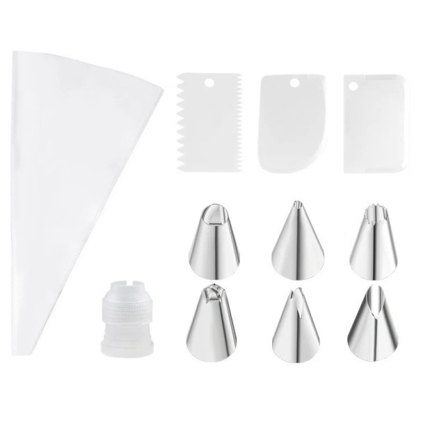 Set of 11 Piping Tools for Cake Decoration Nozzles Piping Bag Scrapers Coupler Baking Tools for Home and Professional Use white